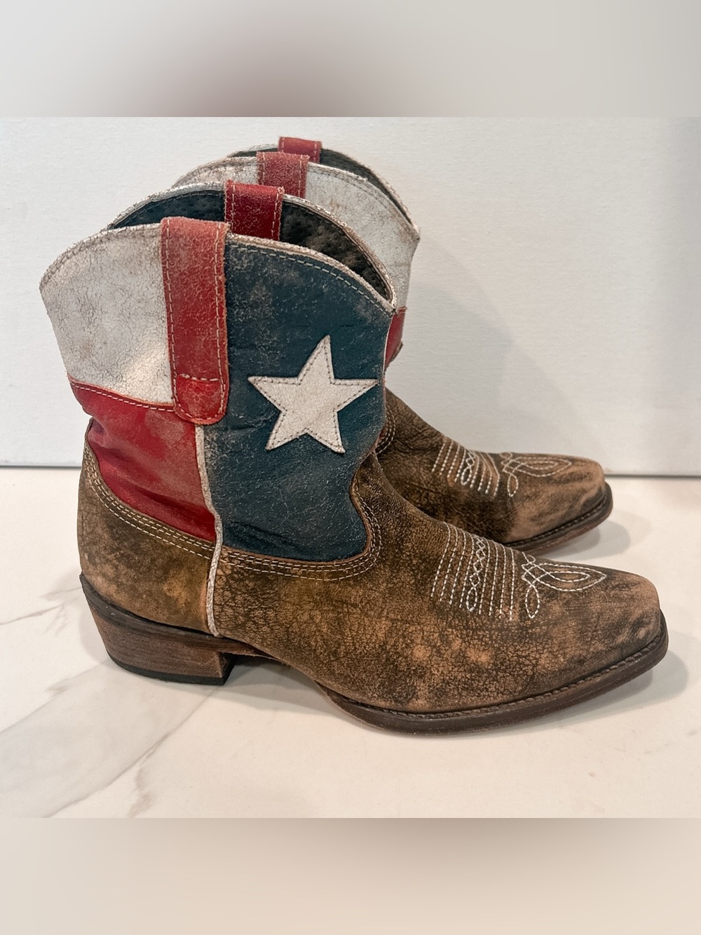 Roper Women’s Texas Usa Flag Americana Brown Leather Western Bootie Boots 7.5